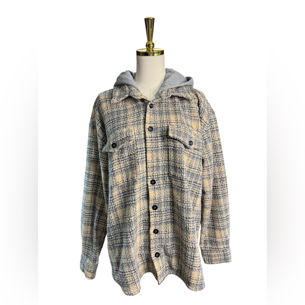 Plaid Hooded Tweed Shacket Jacket - Neutral Plaid Beige Gray Size M